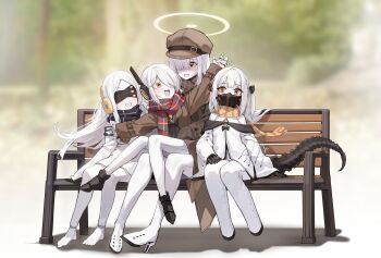 4girls :d absurdres bench black_mask black_scarf black_tail blindfold blue_archive blurry blurry_background blush brown_coat brown_hat clenched_teeth coat colored_skin commentary_request covered_eyes ein_(blue_archive) extra_pupils full_body grin hair_over_one_eye hat highres kokukyukeo long_hair long_sleeves looking_at_another malkuth_(blue_archive) mask mechanical_hands mechanical_tail multiple_girls newsboy_cap ohr_(blue_archive) open_mouth outdoors red_scarf respirator scarf segmented_tail short_hair sitting smile sof_(blue_archive) symbol-shaped_pupils tail teeth triplets white_hair white_skin x-shaped_pupils yellow_eyes yellow_scarf