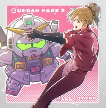 1girl blonde_hair blue_eyes chibi elbow_gloves elle_vianno fingerless_gloves gloves gundam gundam_mk_ii gundam_zz highres jacket long_hair looking_at_viewer open_mouth ponytail smile tamago_tomato