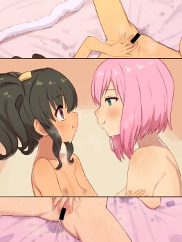 2girls anise_tatlin bar_censor black_hair blush breasts brown_eyes censored chiwino commission estellise_sidos_heurassein fingering flat_chest highres large_breasts loli multiple_girls nipples nude pink_hair pussy pussy_juice short_hair skeb_commission small_breasts tales_of_(series) tales_of_the_abyss tales_of_vesperia twintails variant_set yuri