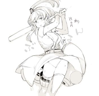 1girl baseball_bat batting_stance breast_pocket breasts commentary_request greyscale high_side_ponytail highres holding holding_baseball_bat kantai_collection kitamura_hato large_breasts lineart long_hair magazine_(weapon) monochrome panties pocket ponytail popped_button saratoga_(kancolle) smokestack_hair_ornament solo swinging_baseball_bat thighhighs underwear