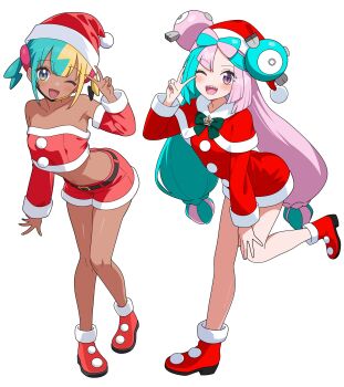 2girls ;d alternate_costume aqua_hair bare_shoulders belt belt_buckle black_belt black_hair blonde_hair blue_eyes blue_hair blush boots border bow bow-shaped_hair breasts buckle canari_(pokemon) capelet character_hair_ornament commentary_request crop_top dark-skinned_female dark_skin detached_sleeves dress full_body fur-trimmed_capelet fur-trimmed_dress fur-trimmed_headwear fur_trim green_bow hair_ornament hat highres iono_(pokemon) jacket long_hair long_sleeves looking_at_viewer midriff multicolored_hair multiple_girls nintendo odorukaminoke one_eye_closed open_mouth outline outside_border pink_hair pokemon pokemon_legends:_z-a pokemon_sv red_boots red_capelet red_dress red_hat red_shorts santa_costume santa_dress santa_hat sharp_teeth shoes short_hair shorts simple_background smile snowflakes split-color_hair teeth twintails two-tone_hair v white_background white_border white_outline yellow_jacket