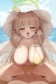 1boy 1girl beach bikini bikini_bottom_aside blue_archive blush breasts brown_hair cleavage clothing_aside collarbone commentary cum cum_in_pussy day girl_on_top green_eyes green_halo halo hat hetero highres jacket large_breasts long_hair looking_at_viewer nipples nonomi_(blue_archive) nonomi_(swimsuit)_(blue_archive) ocean official_alternate_costume open_clothes open_jacket open_mouth outdoors pov rank_alee revision see-through_clothes sex solo_focus spread_legs straddling sun_hat swimsuit tongue tongue_out vaginal white_hat yellow_bikini