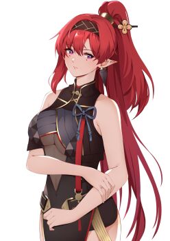 1girl bare_shoulders black_bodysuit black_hairband black_shorts bodysuit chinese_commentary circle_facial_mark closed_mouth commentary_request cowboy_shot earrings hair_ornament hair_stick hairband high_ponytail highres holding_own_arm jewelry long_hair looking_at_viewer no_gloves pointy_ears ponytail purple_eyes quanshikm red_hair shorts single_earring sleeveless solo tacet_mark_(wuthering_waves) very_long_hair wuthering_waves yinlin_(wuthering_waves)