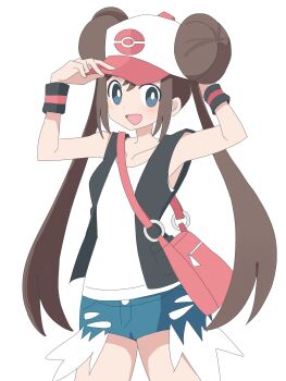 1girl :d bag black_vest blue_eyes bright_pupils collarbone commentary cosplay cowboy_shot double_bun exposed_pocket hair_bun hand_on_headwear hands_up happy hat highres hilda_(pokemon) hilda_(pokemon)_(cosplay) nintendo open_clothes open_mouth open_vest pink_bag pokemon pokemon_black_2_and_white_2 pokemon_black_and_white rosa_(pokemon) shirt short_shorts shorts shoulder_bag sidelocks simple_background sleeveless sleeveless_shirt smile solo twintails vest white_background white_hat white_pupils white_shirt wristband yayamadai