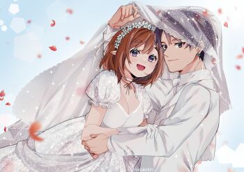 1boy 1girl absurdres artist_self-insert black_eyes black_hair breasts bridal_veil brown_hair choker cleavage commentary dress english_commentary formal_clothes gloves hanaberin hetero highres husband_and_wife large_breasts motion_blur neckerchief original pointy_ears purple_eyes sparkle suit tuxedo twitter_username veil wedding_dress white_choker white_gloves white_neckerchief white_suit