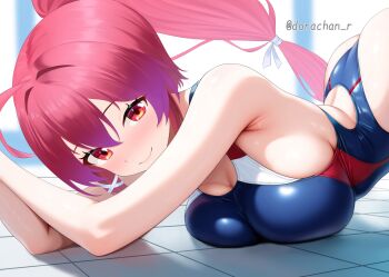 1girl alternate_costume armpits ass blue_one-piece_swimsuit blush breast_press breasts competition_swimsuit day dorachan_r hair_ornament hair_ribbon highres i-168_(kancolle) indoors kantai_collection large_breasts long_hair looking_at_viewer one-piece_swimsuit ponytail pool red_eyes red_hair ribbon smile solo swimsuit twitter_username water