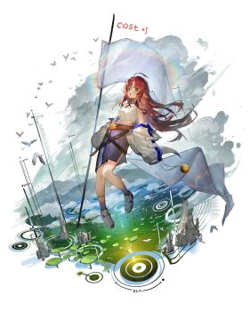 1girl absurdres arknights bare_shoulders belt chinese_commentary clothes_down commentary_request crop_top ear_piercing full_body green_eyes highres jacket kneehighs kulianrentizhong lens_flare long_hair looking_at_viewer math midriff myrtle_(arknights) navel open_mouth orange_belt physics piercing pointy_ears purple_skirt purple_socks red_hair shoes skirt sleeveless socks solo strap_slip tank_top white_jacket white_shoes white_tank_top wind