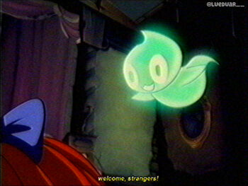 1990s_(style) 1girl blue_bow bow commentary english_commentary english_text ghost glowing hair_bow indoors lueduar out_of_frame ragatha_(the_amazing_digital_circus) red_hair retro_artstyle subtitled the_amazing_digital_circus twitter_username vhs_artifacts