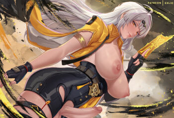 1futa ahoge between_fingers bird black_bird black_gloves black_shorts breasts commentary cowboy_shot cropped_jacket dutch_angle english_commentary erection exlic fingerless_gloves floating_hair futanari gloves grey_hair hair_ornament hairclip high-waist_shorts holding holding_ofuda jacket large_breasts long_hair looking_at_viewer medium_penis nipples ofuda open_clothes open_jacket paid_reward_available patreon_username penis shorts smile solo standing testicles uncensored variant_set very_long_hair yellow_eyes yellow_jacket yin_yang_pin yixuan_(zenless_zone_zero) zenless_zone_zero