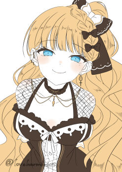 1girl absurdres black_bow black_choker black_dress blonde_hair blue_eyes blunt_bangs bow braid breasts choker cleavage closed_mouth commentary_request cross cross_earrings dress earrings frilled_choker frills hair_bow highres jewelry large_breasts long_hair looking_at_viewer mahou_shoujo_no_majo_saiban mole mole_under_eye one_side_up saeki_miria simple_background smile solo uminekoritorubasuta-zu upper_body wavy_hair white_background