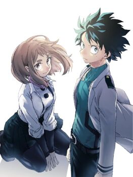 1boy 1girl aqua_bodysuit black_pantyhose black_shoes bodysuit bodysuit_under_clothes boku_no_hero_academia breasts brown_eyes brown_hair closed_mouth collarbone freckles green_eyes green_hair grey_jacket hk_(nt) jacket kneeling looking_at_viewer medium_breasts medium_hair midoriya_izuku pantyhose shirt shoes short_hair sleeves_rolled_up standing superhero_costume thick_eyebrows uraraka_ochako white_background white_bodysuit white_shirt