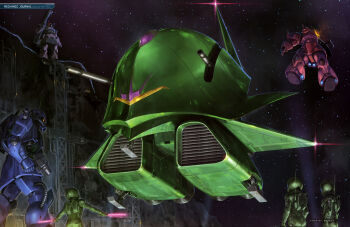 Rule 34 | 2boys, absurdres, artist request, asteroid, astronaut, bazooka (gundam), beam cannon, cable, elmeth, gelgoog s char custom, gundam, gundam perfect file, helmet, highres, magazine scan, mecha, mobile armor, mobile suit, mobile suit gundam, multiple boys, official art, painting (medium), promotional art, realistic, rick dom, robot, scan, science fiction, soldier, space, space habitat, space helmet, spacesuit, takeoff, thrusters, traditional media, zaku, zeon, zero gravity