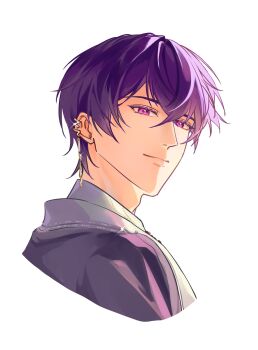 1boy closed_mouth commentary cropped_torso ear_piercing from_side hair_between_eyes highres jacket jingyu9z looking_at_viewer looking_to_the_side male_focus marius_von_hagen_(tears_of_themis) piercing purple_eyes purple_hair purple_jacket simple_background smile solo tears_of_themis upper_body white_background