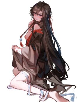 1girl ahoge bare_legs bare_shoulders barefoot black_hair black_hanfu black_robe blush breasts breasts_out brown_hair chinese_clothes clothes_lift deeplake_(shen_hu_zhou) feet flute flute_tassel full_body genderswap genderswap_(mtf) hair_between_eyes hair_down hair_ribbon half_updo hanfu highres holding holding_flute holding_instrument implied_hetero instrument jade_(gemstone) kneeling large_breasts lifting_own_clothes long_hair long_sleeves looking_at_viewer modao_zushi nail_polish nipples off_shoulder official_alternate_hairstyle open_clothes parted_lips partially_undressed purple_eyes red_nails red_ribbon ribbon robe second-party_source simple_background sitting smile soles solo tassel very_long_hair wei_wuxian wei_wuxian_(yiling_laozu) white_background white_ribbon wide_sleeves