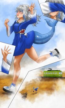 2girls absurdres arm_up blue_hair brown_hair cable_car fins fish_tail gawr_gura gawr_gura_(1st_costume) grey_hair hair_ornament highres hololive hololive_english multiple_girls nanashi_mumei nanashi_mumei_(1st_costume) nasterro open_mouth railroad_tracks shark_hair_ornament shark_tail shoes smile sneakers stitches tail tears train virtual_youtuber waving