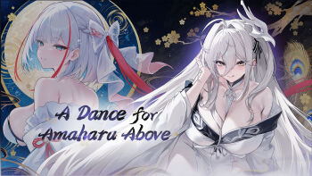 2girls artist_request azur_lane bird_mask blue_eyes bow breasts cherry_blossoms cleavage commentary english_commentary english_text feathers hair_bow hair_intakes hakuhou_(azur_lane) highres i-404_(azur_lane) japanese_clothes kimono large_breasts long_bangs mask mask_on_head multicolored_hair multiple_girls official_art peacock_feathers red_streaks smile streaked_hair tongue tongue_out tree upper_body white_hair white_kimono yellow_eyes