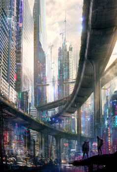 Rule 34 | 2others, backpack, bag, bridge, city, city lights, cityscape, cloud, cloudy sky, commentary, cyberpunk, elevated highway, english commentary, from behind, highres, highway, hologram, multiple others, neon lights, original, painterly, pillar, power lines, raphael-lacoste, scenery, science fiction, signature, sky, sunlight, tower, wind turbine, windmill