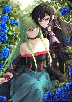 1boy 1girl absurdres ascot bare_shoulders black_choker black_hair blue_flower blue_rose breasts budgiepon bush c.c. choker closed_mouth code_geass collarbone couple dress flower frills green_hair hetero highres lelouch_vi_britannia long_hair long_sleeves looking_at_another looking_at_viewer medium_breasts off-shoulder_dress off_shoulder parted_lips purple_ascot purple_eyes rose short_hair sitting straight_hair yellow_eyes
