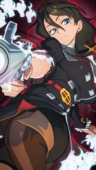 1girl aiming aiming_at_viewer belt blue_eyes boots breasts brown_boots brown_coat brown_hair brown_pants bullet coat commission cross cross_necklace gun hair_between_eyes hata4564 highres holding holding_gun holding_weapon jewelry large_breasts long_hair mole mole_under_eye necklace original pants red_background red_belt skeb_commission solo thigh_boots torn_sleeve weapon