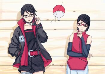 2girls black_choker black_eyes black_hair black_jacket black_romper boruto:_naruto_next_generations boruto:_two_blue_vortex brentonsart choker commentary detached_sleeves dual_persona earrings english_commentary frown glasses hand_in_pocket jacket jewelry multiple_girls naruto_(series) red-framed_eyewear romper short_hair shorts uchiha_sarada uchiha_symbol white_shorts