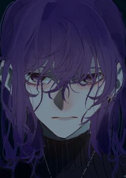 1girl asahina_mafuyu black_sweater close-up curly_hair earrings hashtag-only_commentary highres jewelry looking_at_viewer necktie official_alternate_costume official_alternate_hairstyle portrait project_sekai purple_eyes purple_hair ribbed_sweater sidelocks sirakokenn_625 solo soshite_hari_wa_ugokidasu_(project_sekai) sweater swept_bangs turtleneck turtleneck_sweater