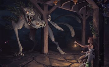 Rule 34 | 1girl, 2others, brown pants, brown sandals, brown tank top, cat, fangs, greekceltic, holding lamp, jacky (greekceltic), lamp, leaf, medium hair, monster, multiple heads, multiple others, night, open mouth, original, pants, plant, ponytail, sandals, scared, stone floor, tail, tank top