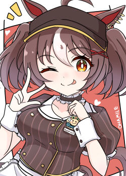 Rule 34 | 1girl, :p, absurdres, ahoge, alternate costume, arnolddayo, blush, breasts, brown eyes, commentary request, english text, gran alegria (umamusume), hair between eyes, hair ornament, hat, heart, highres, horse girl, looking at viewer, medium breasts, medium hair, one eye closed, portrait, solo, tongue, tongue out, umamusume, visor cap, x hair ornament