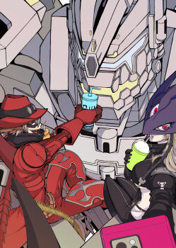 Rule 34 | 1boy, 1girl, absurdres, beelstarmon, black coat, black gloves, black pants, blonde hair, breasts, coat, crop top, cup, digimon, digimon (creature), drinking straw, eye mask, gloves, grey hair, gundramon, hat, highres, holding, holding cup, holding phone, large breasts, long hair, magnakidmon, mask, midriff, navel, non-humanoid robot, pants, phone, red coat, red eyes, red gloves, red hat, red pants, robot, robot dragon, selfie, sharp teeth, short hair, teeth, third eye, underboob, zigokuno