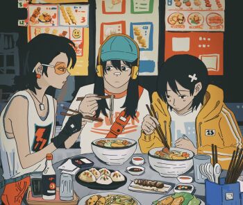 3girls bandaid bandaid_on_face bandaid_on_nose black_gloves black_hair blue_hat bottle bowl chopsticks closed_mouth clothes_writing fingerless_gloves food glass glasses gloves hair_between_eyes hair_ornament hat headphones highres holding holding_chopsticks hood hood_down hoodie lan_(ngtblan) long_hair long_sleeves looking_down looking_to_the_side menu multiple_girls open_mouth orange-tinted_eyewear original shirt short_hair short_sleeves sleeveless sleeveless_shirt solo spoon tinted_eyewear white_shirt x_hair_ornament yellow_hoodie