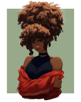1girl afro big_hair black_choker border brown_eyes brown_hair brown_lips choker closed_mouth commentary dark-skinned_female dark_skin english_commentary green_background halterneck highres holding_own_arm jacket lips looking_at_viewer off_shoulder original outside_border red_jacket rejean_dubois signature simple_background solo track_jacket upper_body very_dark_skin white_border