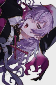 1boy bags_under_eyes black_veil cross eyeshadow fangs hair_between_eyes highres hoshirube_sho long_hair looking_at_viewer makeup male_focus multicolored_hair nijisanji official_alternate_costume open_mouth purple_hair riia_(riiakun) ringed_eyes sideways simple_background sleeve_belt solo streaked_hair tongue tongue_out two-tone_hair upper_body veil virtual_youtuber white_background