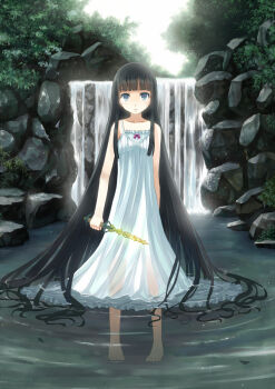 1girl bad_id bad_pixiv_id bare_shoulders barefoot black_hair blue_eyes blunt_bangs dagger dress female_focus knife long_hair looking_at_viewer original rock smile solo very_long_hair wading water waterfall weapon white_dress yakka