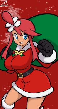 1girl bag belt blue_eyes boots breasts christmas dark-skinned_female dark_skin dress gloves large_breasts long_sleeves nintendo pokemon pokemon_bw pokemon_masters_ex red_hair short_dress skyla_(holiday_2020)_(pokemon) skyla_(pokemon) teeth zelartsz