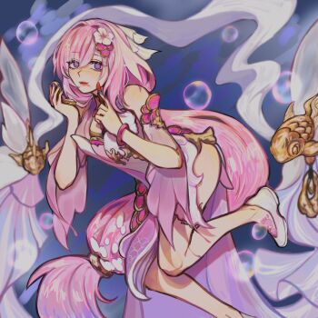 Rule 34 | 1girl, air bubble, applying sunscreen, breasts, bubble, commentary, cosmetics, diamond-shaped pupils, diamond (shape), dress, elysia (herrscher of human: ego) (honkai impact), elysia (honkai impact), elysia (peachy spring) (honkai impact), highres, holding, holding lipstick tube, holding mirror, honkai (series), honkai impact 3rd, large breasts, lipstick tube, long hair, mirror, multicolored hair, pink hair, prototype design, purple eyes, salmon, sampignion, shoes, solo, symbol-shaped pupils, thighs, two-tone hair, underwater, very long hair, white dress, white hair, white shoes