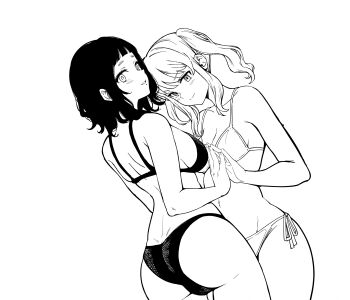 2girls absurdres ass bikini black_hair breasts cleavage highres holding_hands huge_ass kuroki_yuushin large_breasts legs looking_at_viewer medium_hair model modeling monochrome multiple_girls navel original parted_lips seductive_gaze seductive_smile side-tie_bikini_bottom sideboob sketch smile swimsuit thighs twintails