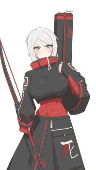 absurdres blue_eyes bow_(weapon) breasts commentary_request covered_navel faust_(project_moon) grey_hair hair_between_eyes highres holding holding_bow_(weapon) holding_weapon korean_commentary large_breasts limbus_company looking_at_viewer medium_hair project_moon shi_association_east_uniform simple_background wajjya weapon white_background