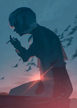 Rule 34 | 1girl, absurdres, arm support, bird, black shorts, chainsaw man, cigarette, commentary request, evening, eyepatch, grey hair, grey shirt, hand up, highres, holding, holding cigarette, kuromakigaeru, outdoors, profile, quanxi (chainsaw man), shirt, short hair, shorts, smoke, smoking, solo