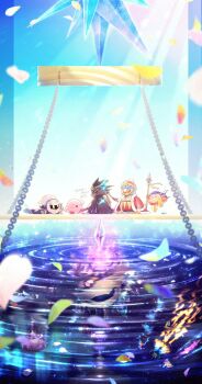 absurdres armor bandana bandana_waddle_dee black_jacket blue_bandana blue_fire blush_stickers chain closed_eyes colored_skin commentary_request crystal_shards darkkeroro different_reflection dragoon_(kirby) exhaust_pipe fire fountain_of_dreams highres holding holding_polearm holding_weapon hydra_(kirby) jacket king_dedede kirby kirby_(series) kirby_air_ride kirby_air_riders leo_(kirby) looking_at_another meta_knight nintendo noir_dedede orange_skin pauldrons petals pink_skin polearm pom_pom_(clothes) reflection reflective_liquid shoulder_armor smile spear torn_clothes torn_jacket twitter_username weapon yellow_eyes zorah