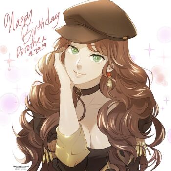 1girl black_hat breasts brown_hair character_name choker cleavage darkgreyclouds dorothea_arnault earrings female_focus fire_emblem fire_emblem:_three_houses garreg_mach_monastery_uniform green_eyes happy_birthday hat jewelry large_breasts long_hair nintendo parted_lips simple_background solo upper_body white_background