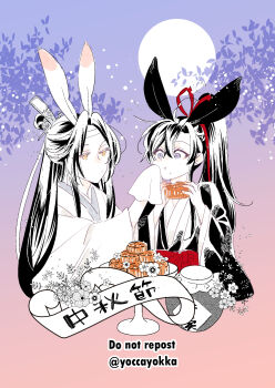 2boys ahoge alcohol animal_ears asacobeat black_hair black_hanfu blue_eyes bow chinese_clothes chinese_text closed_mouth commentary_request couple eating flower food food_on_face full_moon hair_between_eyes hair_bow hair_ribbon handkerchief hanfu headband high_ponytail highres holding holding_food holding_handkerchief jug_(bottle) kemonomimi_mode lan_wangji leaf light_particles liquor long_hair long_sleeves looking_at_another male_focus mid-autumn_festival modao_zushi moon mooncake multiple_boys partially_colored plate ponytail rabbit_boy rabbit_ears red_bow red_ribbon red_sash ribbon robe sash sidelocks smile topknot twitter_username upper_body very_long_hair wei_wuxian white_hanfu white_headband wide_sleeves wiping_another's_face xiao_guan_(headdress) yaoi yellow_eyes