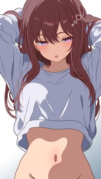 1girl 96dai_0313 :o absurdres arms_up bottomless brown_hair commentary_request crew_neck crop_top cropped_shirt double-parted_bangs groin hair_between_eyes hands_in_own_hair highres long_bangs long_hair long_sleeves navel original out-of-frame_censoring parted_lips purple_eyes shirt simple_background solo stomach upper_body white_background white_shirt