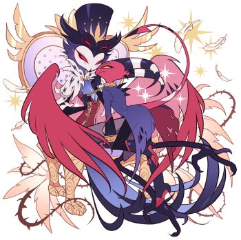 2boys bad_id bad_pixiv_id bird_tail black_pants blitzo_(helluva_boss) blue_jacket boots chain chain_leash chair collar colored_sclera demon_boy feathered_wings feathers full_body furry furry_male glowing glowing_eyes hellaverse helluva_boss high_heel_boots high_heels highres holding holding_leash horns jacket leash leash_pull long_sleeves looking_at_another male_focus meremero multiple_boys owl_boy pants red_eyes red_wings sitting sparkle stolas_(helluva_boss) striped_horns tail wings yaoi yellow_sclera