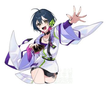 1girl :d belt black_choker black_hair black_shorts braid breasts card choker commentary_request cow furisode_sleeves gradient_clothes gradient_shirt green_belt holding holding_card jacket jewelry large_breasts long_sleeves looking_at_viewer multicolored_belt multicolored_hair necklace nijisanji open_mouth outstretched_arm pixie_cut purple_shirt purple_tube_top ring sakauri_rk shirt short_hair shorts side_slit side_slit_shorts silver_necklace simple_background single_sleeve single_suspender smile solo strapless tube_top virtual_youtuber watermark white_background white_jacket yamagami_karuta yamagami_karuta_(4th_costume) yellow_eyes yu-gi-oh!