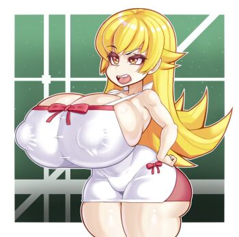 blonde_hair breasts covered_erect_nipples huge_breasts kyojiri_loli loli monogatari_(series) oppai_loli oshino_shinobu thick_thighs thighs wide_hips young_savage