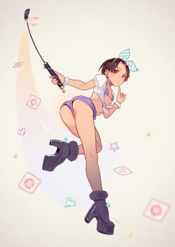 1girl absurdres ankle_boots ass bikini black_boots black_eyes black_hair blue_choker boots bow bow_hairband choker commentary commentary_request condom condom_wrapper crop_top english_commentary flat_chest frilled_wrist_cuffs frills full_body hair_bow hairband heart high_heel_boots high_heels highres holding holding_riding_crop index_finger_raised leaning_forward light_blush loli looking_at_viewer looking_back micro_bikini midriff mixed-language_commentary muk_(monsieur) navel o3o paid_reward_available partially_visible_vulva platform_boots platform_footwear puffy_short_sleeves puffy_sleeves purple_bikini purple_shorts riding_crop sana_(tiny_evil) shirt short_hair short_shorts short_sleeves shorts signature solo standing standing_on_one_leg star_(symbol) striped_bow swimsuit tied_shirt tiny_evil white_bow white_shirt wrist_cuffs