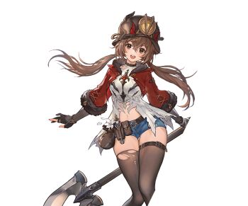1girl absurdres brown_hair duet_night_abyss happy highres jacket long_hair looking_at_viewer margie_(duet_night_abyss) open_mouth red_jacket short_shorts shorts shovel upper_body