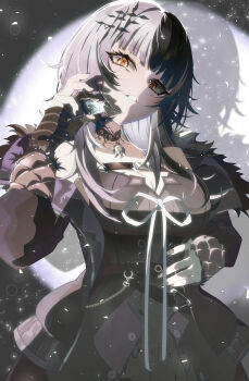 1girl absurdres black_arm_warmers black_choker black_coat black_dress black_hair breasts choker cleavage coat diamond_(gemstone) dress fur-trimmed_coat fur_trim gem grey_hair highres holding holding_gem hololive hololive_english kizawayoh large_breasts long_hair multicolored_hair ribbon shiori_novella shiori_novella_(1st_costume) solo split-color_hair virtual_youtuber white_ribbon yellow_eyes