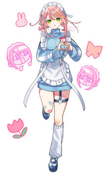 1girl absurdres akimoto_aki apron bandaid green_eyes hair_ornament hairclip heart heart_hands highres jersey jersey_maid kikaijikake_no_marie kneehighs maid maid_apron marie_(kikaijikake_no_marie) pink_hair socks unconventional_maid