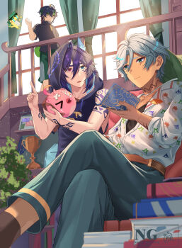 Rule 34 | 3boys, absurdres, ajaw (genshin impact), animal ears, aqua eyes, arm tattoo, bat ears, belt, black hair, black hood, black hoodie, black shirt, blue hair, cacucu (genshin impact), closed mouth, genshin impact, green eyes, green hair, green headband, green pants, green shorts, grey hair, hand tattoo, haya pik, headband, highres, hood, hood up, hoodie, ifa (genshin impact), kinich (genshin impact), long hair, male focus, multicolored hair, multiple boys, neck tattoo, ororon (genshin impact), pants, purple hair, shirt, short hair, short sleeves, shorts, smile, streaked hair, tattoo, turtleneck, white shirt