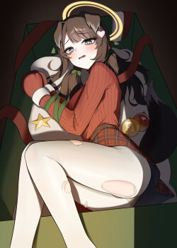 1girl animal_ears black_hair blue_archive blue_eyes box commentary dog_ears dog_tail halo hibiki_(blue_archive) highres in_box in_container low_twintails mittens nickname25 open_mouth pantyhose red_mittens red_sweater solo sweater symbol-only_commentary tail torn_clothes torn_pantyhose twintails white_pantyhose yellow_halo